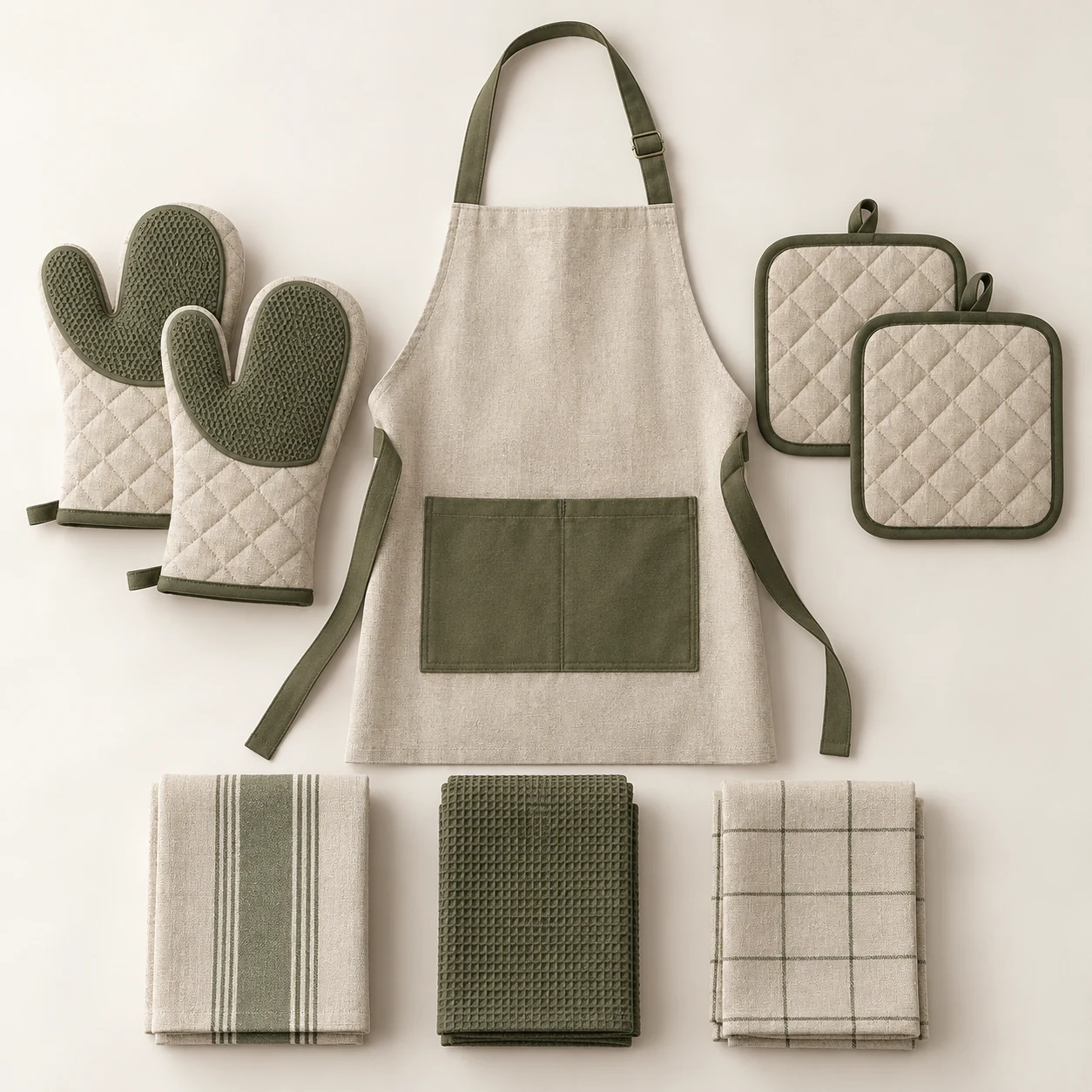Kitchen Textile Collection — 2 mitts + 2 pads + 1 apron + 3 towels